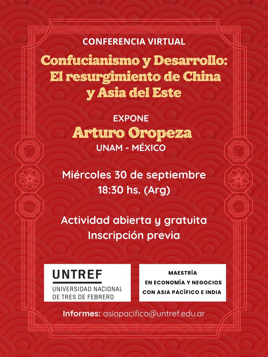 Conferencia Virtual sobre "Confucianismo y Desarrollo: El resurgimiento de China y Asia del Este" en UNTREF